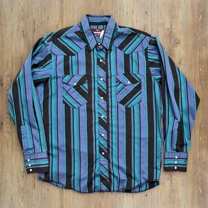 Vtg Ely Cattleman Western Blue Striped Pearl Snap Long Sleeve Shirt Men's Sz L